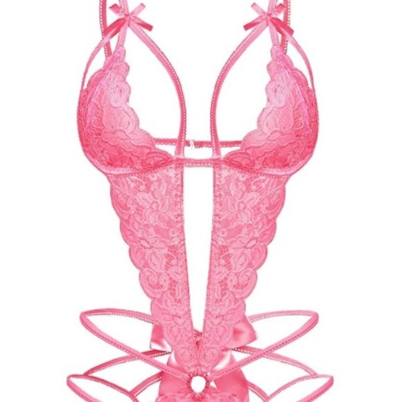 Women's Pink Deep V Lace Strappy Cotton Bow Hollow Bodysuit Teddy Lingerie - Picture 1 of 6